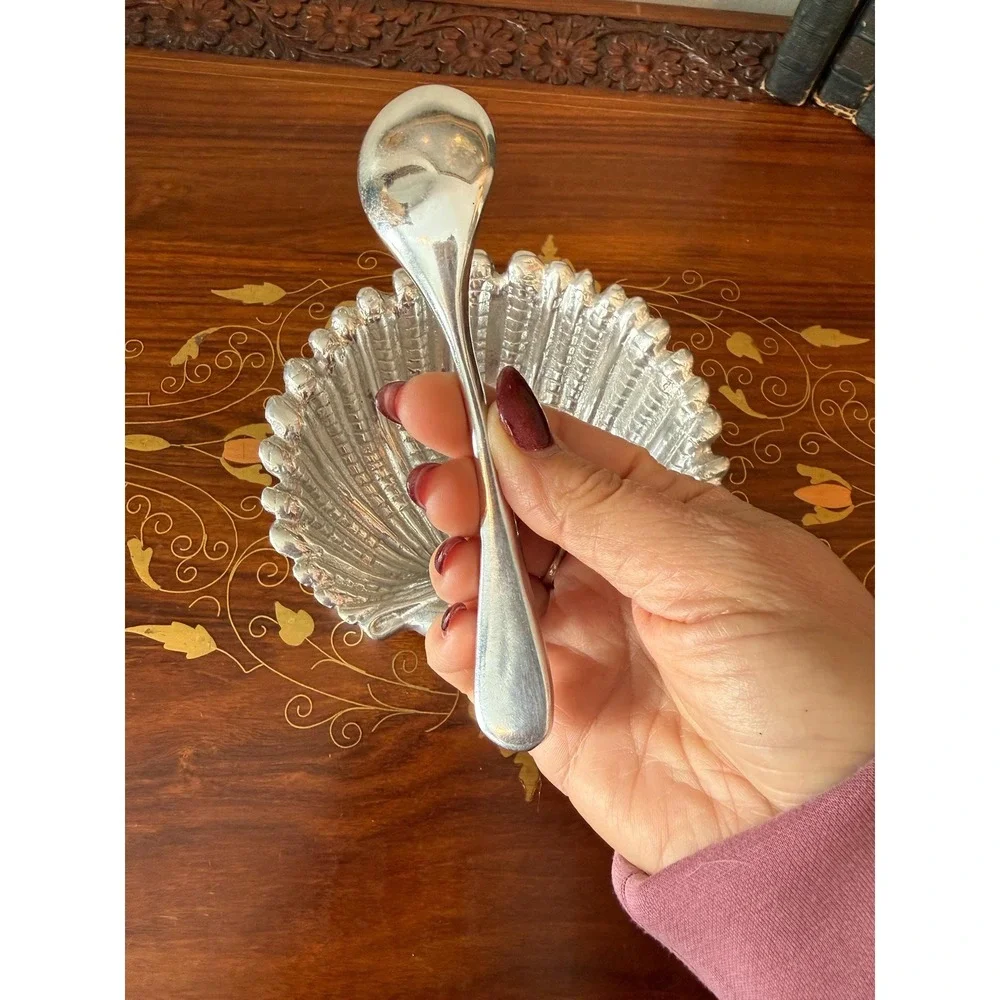Vintage Shell Dish with‎ Spoon, Hand Cast Metal Scallop Bowl